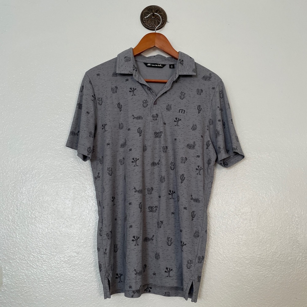 TravisMathew Mens Grey Cactus Desert Print Pima Cotton Blend Polo Shirt Size M